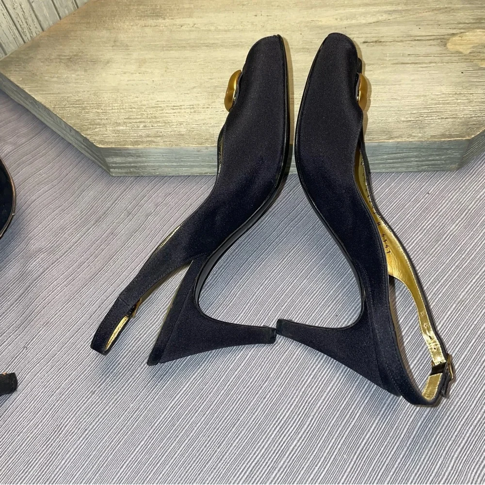 Bruno Magli Black Fabric with Gold Open Tor Slingback Heels Made in Italy 6.5B - Picture 11 of 13